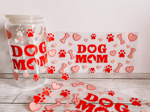 Dog Mom hearts 16oz Glass Can Cup Wrap