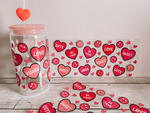 Pink candy hearts 16oz Glass Can Cup Wrap