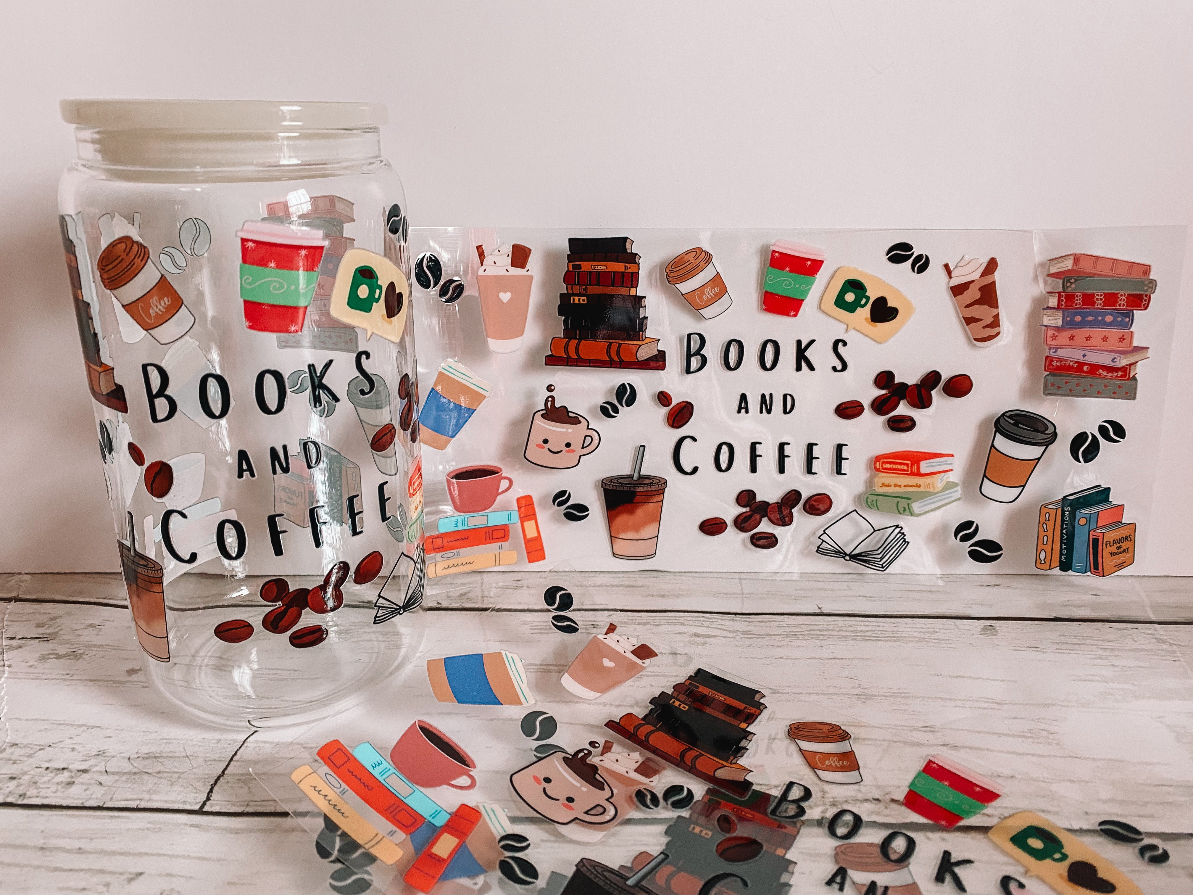Fueled by Books & Coffee 16 oz Vinyl Wrap Glass Cup
