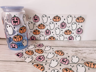 Pink pumpkins & adorable ghosts 16 oz glass can cup wrap