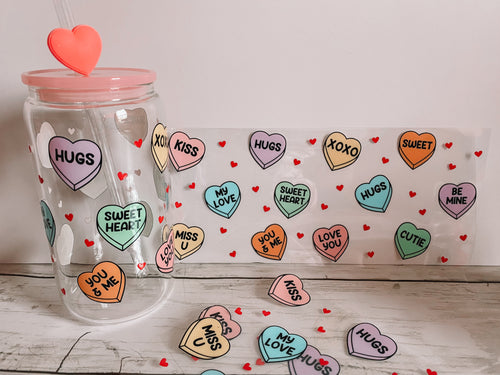 Valentine Candy Hearts 16oz Glass Can Cup Wrap