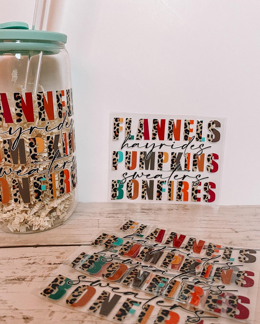 Flannels- hayrides- pumpkins- sweaters- bonfires (cheetah print) Decal