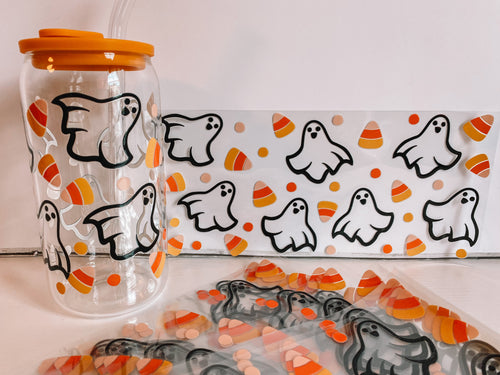 Boo & Candy corn 16oz Glass Can Cup Wrap